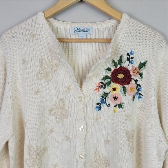 EMBROIDERED Grandma Knit Cardigan Floral Butterfly L Haband Vintage - Picture 10 of 16